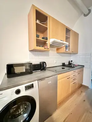 a kitchen with a washing machine and a microwave at The Little Peaceful Retreat in Prague
