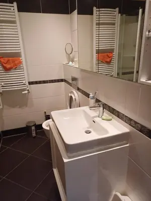 a bathroom with a sink and a mirror at 10min to the center Modern Flat in Prague