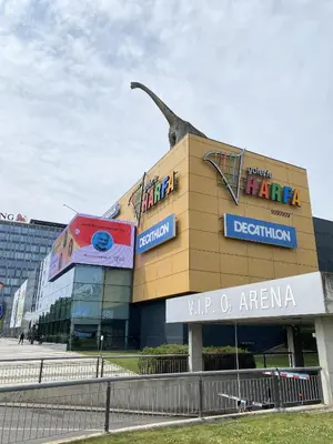 a building with a dinosaur on top of it at Apartmán ELEN, Sky View in Prague