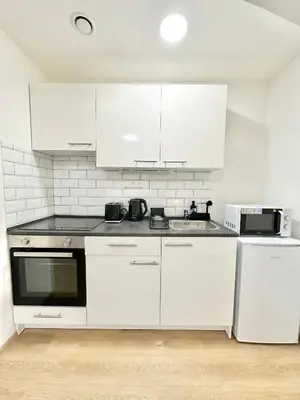 a white kitchen with white cabinets and a sink at The Little Peaceful Retreat Near Center in Prague