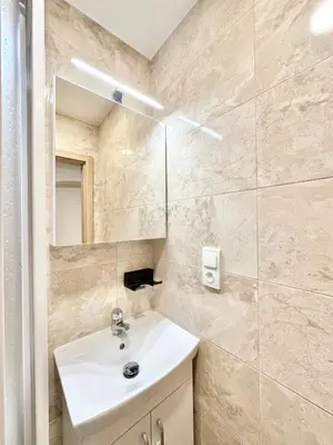 a bathroom with a sink and a mirror at The Little Peaceful Retreat Near Center in Prague