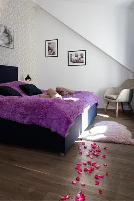 a bedroom with a purple bed with roses on the floor at Deluxe Rabbit Suite in Prague
