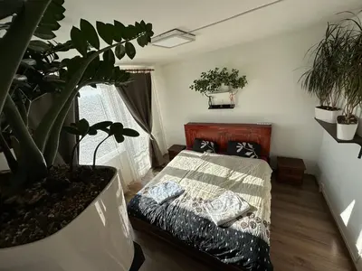 a bedroom with a bed with pillows and potted plants at Private rooms, stunning city views, top-floor with balcony, bathtub, Internet, coffee in Prague