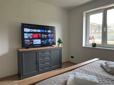 a bedroom with a flat screen tv on a dresser at Home by the Pool & Garden in Srbín