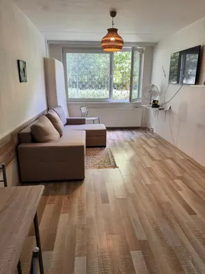 a living room with a couch and a table at Lužiny in Prague