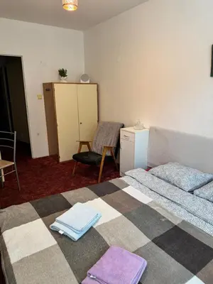 a room with a bed and a table and a chair at Lužiny in Prague