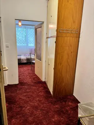 an empty hallway with red carpet and a door at Lužiny in Prague
