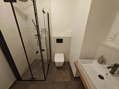 a bathroom with a shower and a toilet and a sink at Modern 1BR in trendy Žižkov in Prague