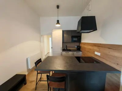 a kitchen with a table and chairs in a room at Modern 1BR in trendy Žižkov in Prague