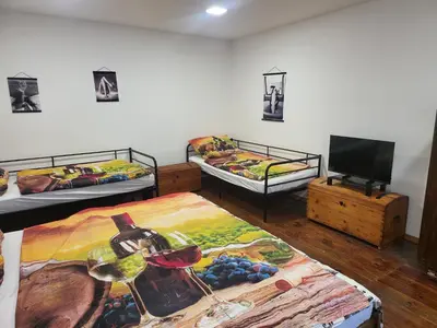 a room with three beds and a flat screen tv at Ubytování U100bodů za švestkovou dráhou