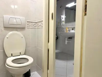 a white bathroom with a toilet and a sink at The Dragonfly Residence in Prague