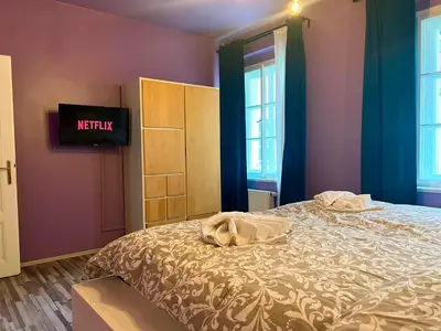a bedroom with a bed and a tv on the wall at The Dragonfly Residence in Prague