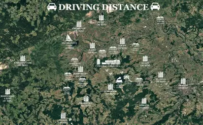 an overhead view of a map of a driving distance at Suite at Château Domoušice in Domoušíce