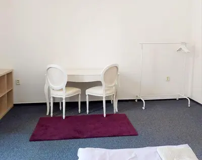 two white chairs and a table in a room at Just 3 min Walk Old Town Center private room B in Prague