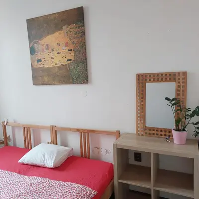 a bedroom with a bed and a mirror on the wall at 3 min Walk Old Town Center private room B in Prague