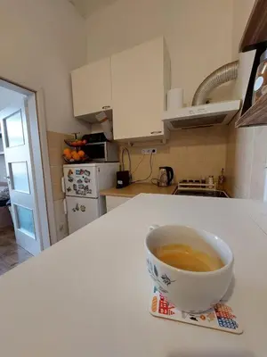 a cup of coffee sitting on a counter in a kitchen at Apartment Near City Center! in Prague