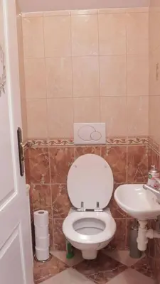a bathroom with a white toilet and a sink at Entire 2nd floor of Villa with 3bedroom with large garden,BBQ,pool,sauna,free parking in Popovičky