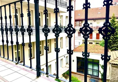 an iron fence in front of a building at The Hrad nest in Prague