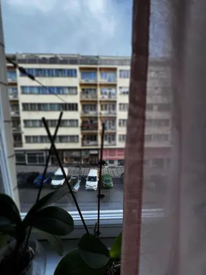 a window with a view of a parking lot with a building at Kamenicka new! in Prague