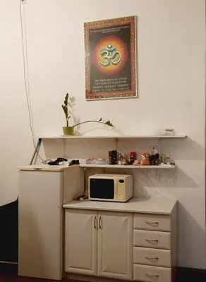 a microwave sitting on top of a counter with a shelf at Charles bridge, Old town3 Min walk Private Room C in Prague