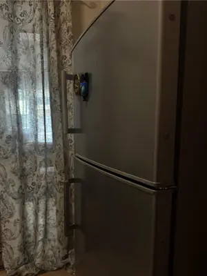 a refrigerator in a kitchen next to a curtain at Apartment 23 in Prague