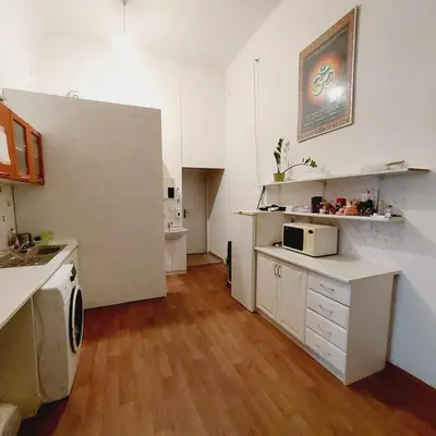 a kitchen with white cabinets and a refrigerator at Charles bridge, Old town3 Min walk Private Room E in Prague