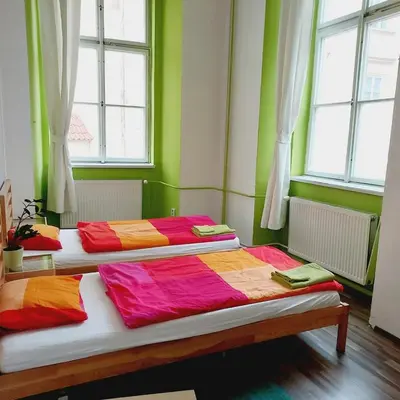 two beds in a room with green walls and windows at Charles bridge, Old town3 Min walk Private Room E in Prague