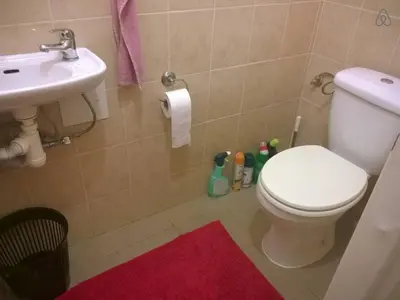 a bathroom with a white toilet and a sink at Charles bridge, Old town3 Min walk Private Room F in Prague
