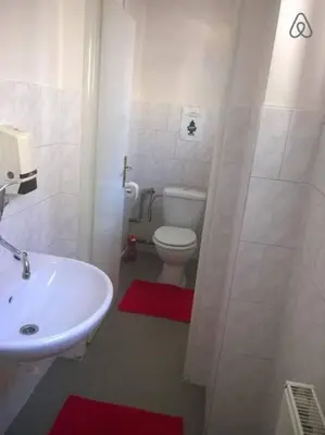 a bathroom with a white toilet and a sink at Charles bridge, Old town3 Min walk Private Room H in Prague