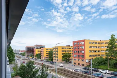 a view of a city with buildings and a street at Stylish and Comfortable Studio in Prague