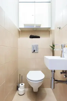 a bathroom with a white toilet and a sink at Apartment Manes in Prague