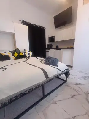 a large bed in a room with a television at Apartmány Podol in Prague