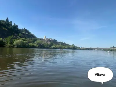 a view of a river with a bubble saying wyi at Apartmány Podol in Prague