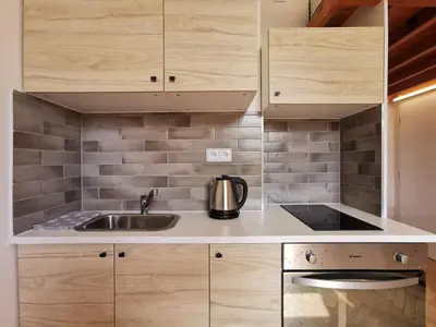 a kitchen with wooden cabinets and a sink at Modern studio with excellent transport links in Prague