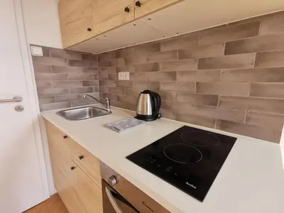 a small kitchen with a sink and a stove at New petite studio in bohemian suburb in Prague