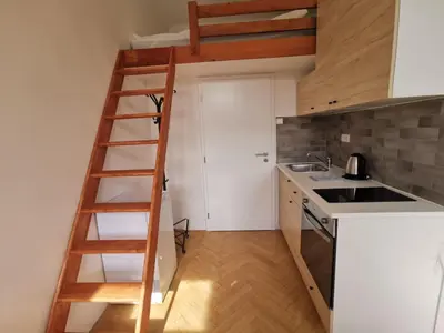 a kitchen with a ladder leading up to a loft at New petite studio in bohemian suburb in Prague