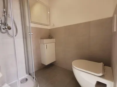 a bathroom with a toilet and a shower at New petite studio in bohemian suburb in Prague