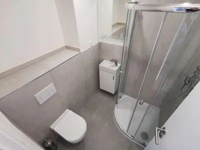a small bathroom with a toilet and a shower at Cosy and simple well located studio in Prague