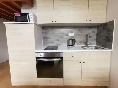 a kitchen with a stove and a sink at Cosy and simple well located studio in Prague