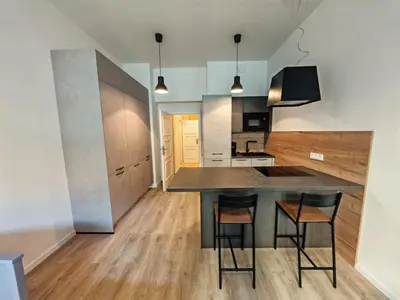 a kitchen with a table and chairs in a room at Quiet Studio in Hip Zizkov in Prague
