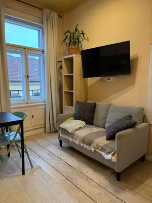 a living room with a couch and a flat screen tv at Small studio in hipster neighborhood in Prague