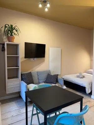 a living room with a couch and a table at Small studio in hipster neighborhood in Prague