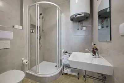 a bathroom with a shower and a sink and a toilet at MIRA apartments in Prague