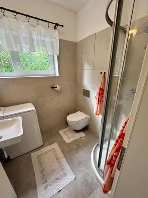 a bathroom with a toilet and a sink and a shower at Byt u letiště v Praze in Tuchoměřice