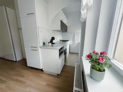 a kitchen with white appliances and a plant in a pot at Cheerful apartment in the heart of Prague in Prague