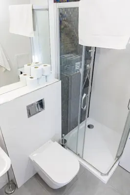 a white bathroom with a toilet and a shower at Central Studio by Museum and Old Town in Prague