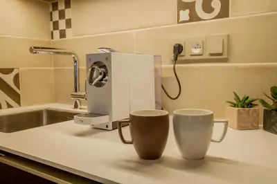 a kitchen with a sink and a stove top oven at VINOHRADSKY DUM Residence in Prague