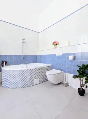 a blue and white bathroom with a tub and a toilet at New Town Studio, free coffee in Prague