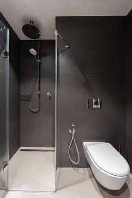 a bathroom with a shower with a toilet and a sink at Cool All-in Apartment Prague in Prague