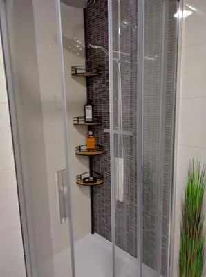 a bathroom with a shower with a glass shower stall at Комфортная, уютная,романтичная in Prague